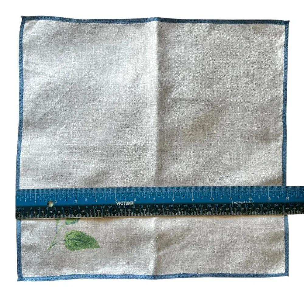 Vintage Morning Glory Linen Napkins Set Of 4 Blue & Green On White 13.75” x 14”